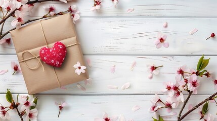 Packing Heart and sakura on a white wooden background