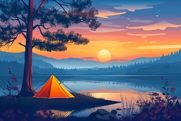 A camping tent under a big tree in forest. camping equipment, outdoor adventure, Vector illustration.
