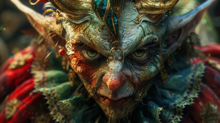 The photo shows a creepy goblin creature with red eyes, sharp teeth, and a sinister expression on its face