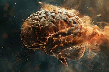 Image of a old human brain with ink cloud and golden bokeh background. Generated by artificial intelligence