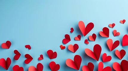Red paper hearts isolated on blue background