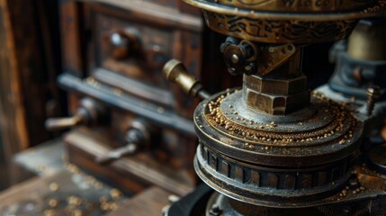 Fototapeta premium Vintage coffee mill powered by a water wheel, grinding sugar cane, intricate details of ancient machinery