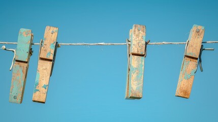 Vintage clothes pegs with chipped paint on a frayed clothesline, nostalgic feel, clear blue sky, focus on the wear and tear, outdoor ambiance