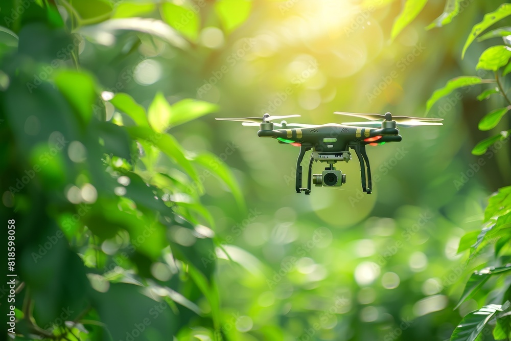 Poster high tech drone application in precision agriculture, featuring isometric sensors and vector analysi