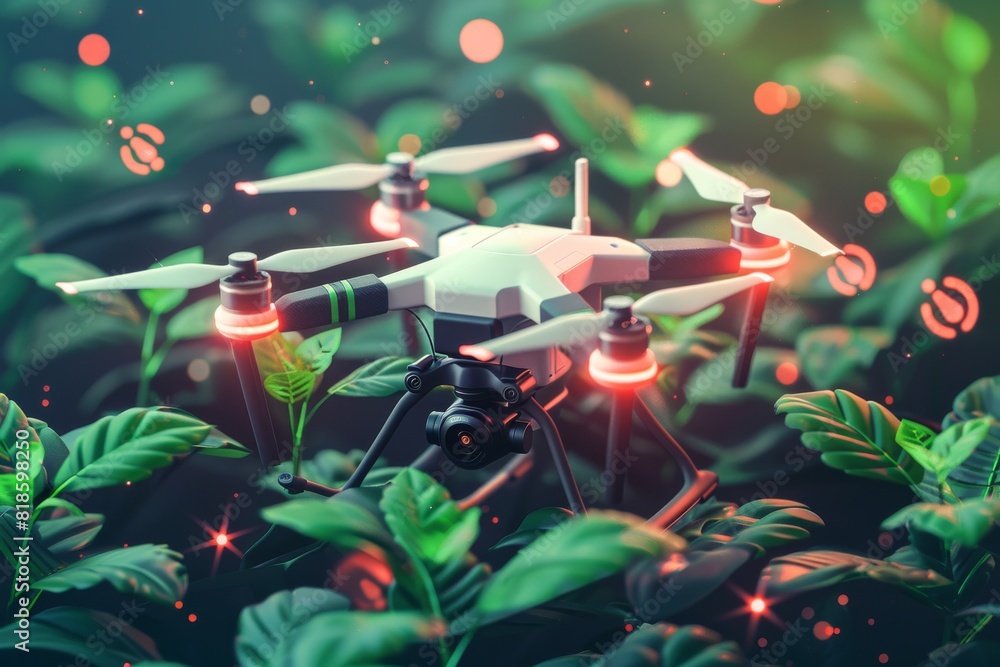 Poster precision farming with high tech drones and isometric sensors, using vector technology for innovativ
