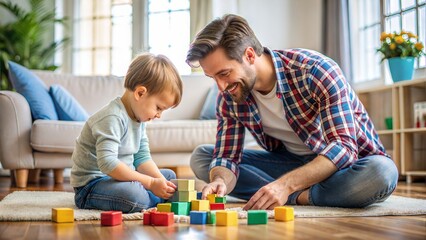 Father and Son Playing with Blocks: A father and son building with blocks on the floor, focused on constructing a playful project.
