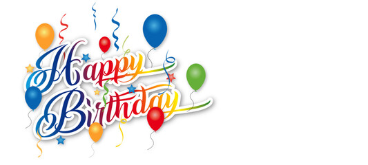 Happy birthday with colourful balloons and falling ribbons and stars. Birthday concep with copy space.