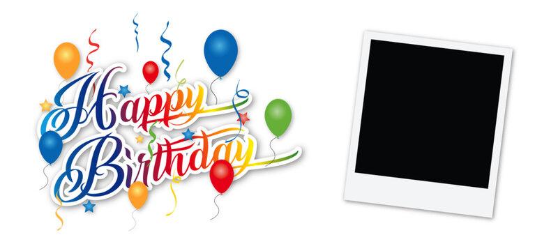 Happy birthday with colourful balloons and falling confetti. Birthday concep with photo frame.