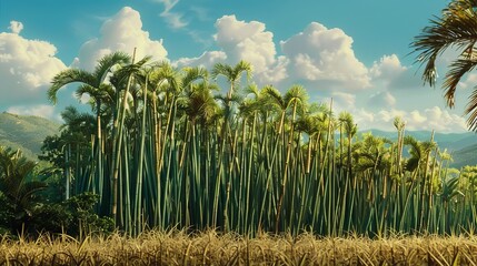 Vast fields of giant sugar cane stalks, towering over the landscape, embodying the essence of their production value