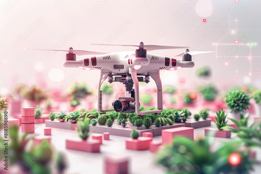Poster high tech farming with drone application and isometric sensors, using vector technology for precisio