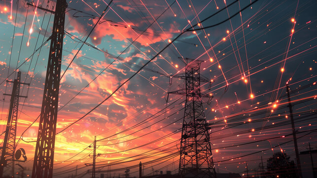 Scenic Sunset with Power Lines and Electrical Towers in Futuristic Digital Overlay..