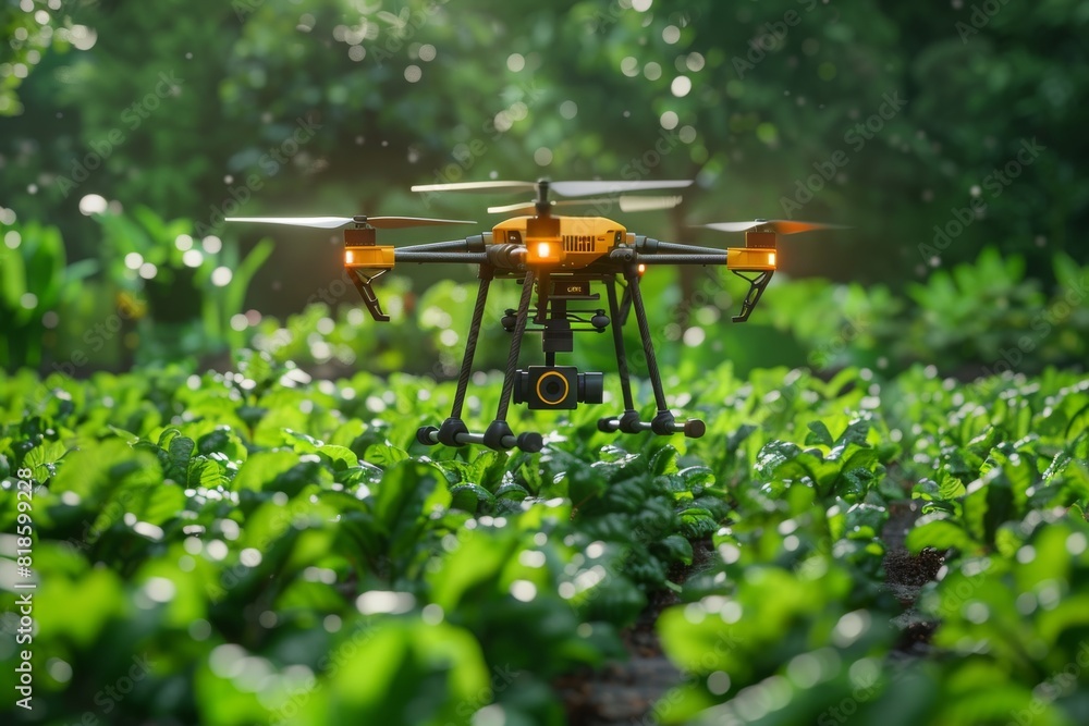 Poster modern farming with precision isometric sensors, drones, and vector technology for efficient water u