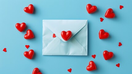 Valentines day envelope with toy hearts on blue background