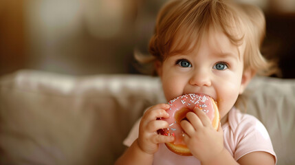 copy space, stockphoto, happy caucasian toddler eating a donut, national donut day theme. Happy black caucasian child with a donut. Colorful image. Sugar food. Child is having a good time, unhealthy f - Powered by Adobe