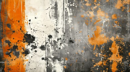 Urban grunge texture combining orange smears, white distressed patches, and black ink spots, creating a gritty, dynamic background