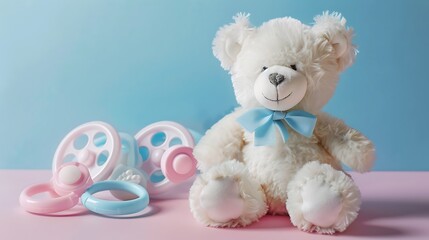 White teddy bear and two silicone soothers on light pink blue table background