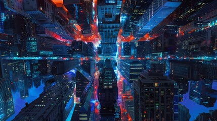 Upside-down metropolitan view, towering skyscrapers, colorful illumination, mirrored urban scene, evening ambiance, cinematic style