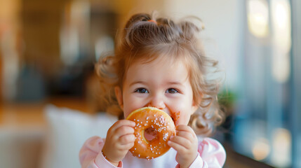copy space, stockphoto, happy caucasian toddler eating a donut, national donut day theme. Happy black caucasian child with a donut. Colorful image. Sugar food. Child is having a good time, unhealthy f