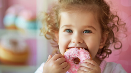 copy space, stockphoto, happy caucasian toddler eating a donut, national donut day theme. Happy black caucasian child with a donut. Colorful image. Sugar food. Child is having a good time, unhealthy f