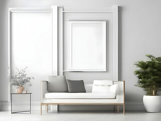 Fototapeta premium Frame mockup, ISO A paper size. Living room wall poster mockup. Interior mockup with house background. Modern interior design. 3D render