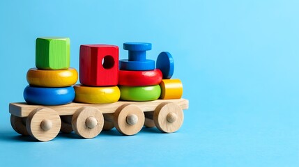 Wooden toy train with colorful blocks on blue background
