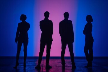 a group of people standing in front of a pink and blue background