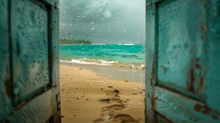 Turquoise beach seen through an open door, sandy path covered in raindrops, gentle rain creating ripples in the ocean