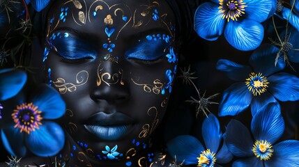 A woman with blue flowers on her face.