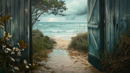 Turquoise beach revealed through an open door, rainy day, sandy path wet from rain, tranquil and serene ambiance