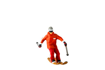 Miniature people , A skier full length Isolated with clipping path