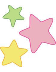 Three stars, yellow, pink, green