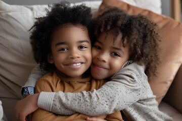 Cute happy African American siblings hugging cuddling feeling love and connection, smiling mixed race kid girl sister embracing little boy brother sitting on couch, 2 children good relationships