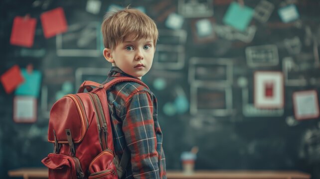 Thoughtful boy with backpack in classroom