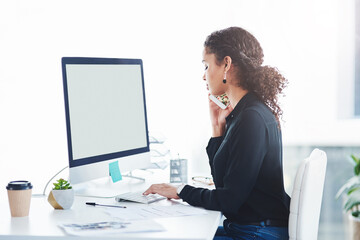 Businesswoman, phone call and computer screen in office as corporate assistant for schedule,...