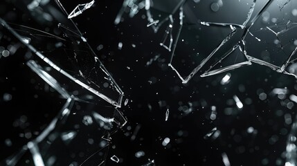 Fototapeta premium The image is a photo of shattered glass. The glass is black and the background is white. The glass is shattered into many pieces and is scattered in all directions. The photo is taken from a close-up
