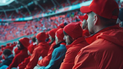 group of fans dressed in red color watching a sports event in the stands of a stadium