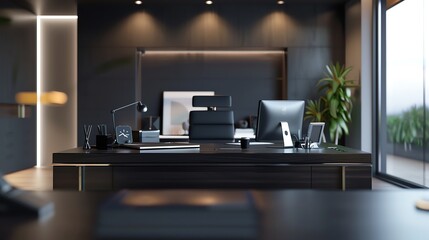 Eye-level shot of a pristine minimalist office