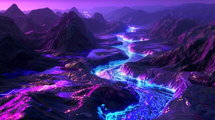 Fototapeta na wymiar Surreal 3D landscape with iridescent rivers flowing through glowing, prismatic terrain,