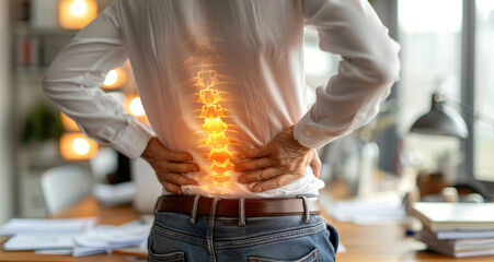 Office syndrome, Backache and Lower Back Pain Concept. a man using white office shirt touching his lower back at pain point