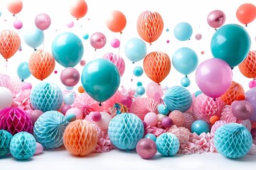 Fototapeta na wymiar Colorful balloons and paper decorations creating a vibrant festive atmosphere. Perfect for celebrations and party themes.