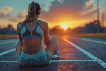 Fit woman in athletic wear sitting on a track at sunrise, reflecting and ready for a new day. Outdoor fitness and motivation.