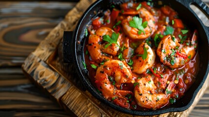 Top view of a delicious shrimp dish in a black pan. Vibrant colors. Delicious seafood meal and stylish food photography. AI