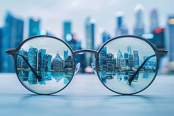 City skyline reflected in round glasses, creating a unique perspective of urban architecture. Modern, creative depiction of city life.