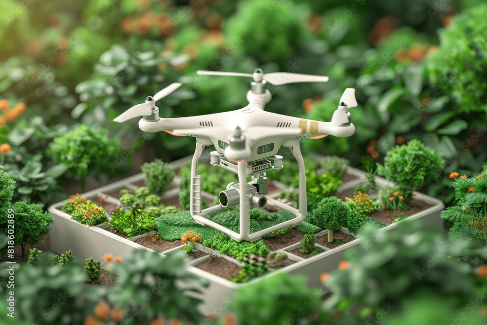 Poster high tech agriculture with drone application and isometric sensors, using vector technology for prec