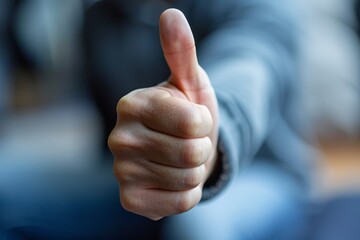 Close-up of a person's hand showing a thumbs-up gesture. The background is blurred, highlighting the focus on the positive gesture.