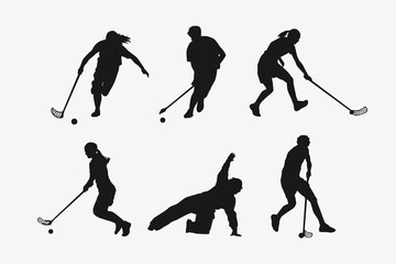 Set silhouettes of Floorball player. Isolated on white background. Vector illustration.