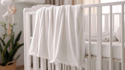 White small fleece blanket hanging over a baby crib