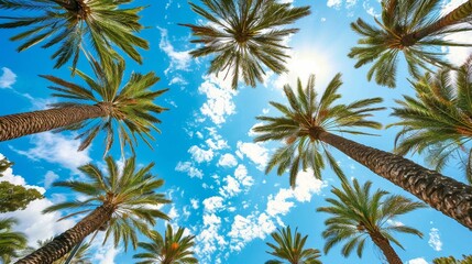 Serenity under palm trees, framed against an endless blue sky, perfect summer day, perspective from the ground