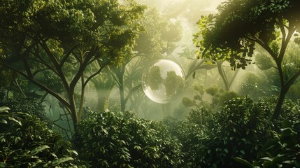 Serene forest of coffee trees, enchanted by ethereal light, with a transparent sphere floating in the air