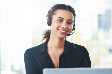 Woman, portrait and headset for call centre telemarketing with smile for technical support,...